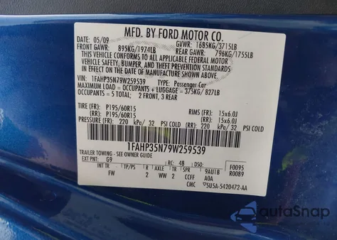 2009 Ford Focus Se из США, поврежденный, VIN 1FAHP35N79W259539